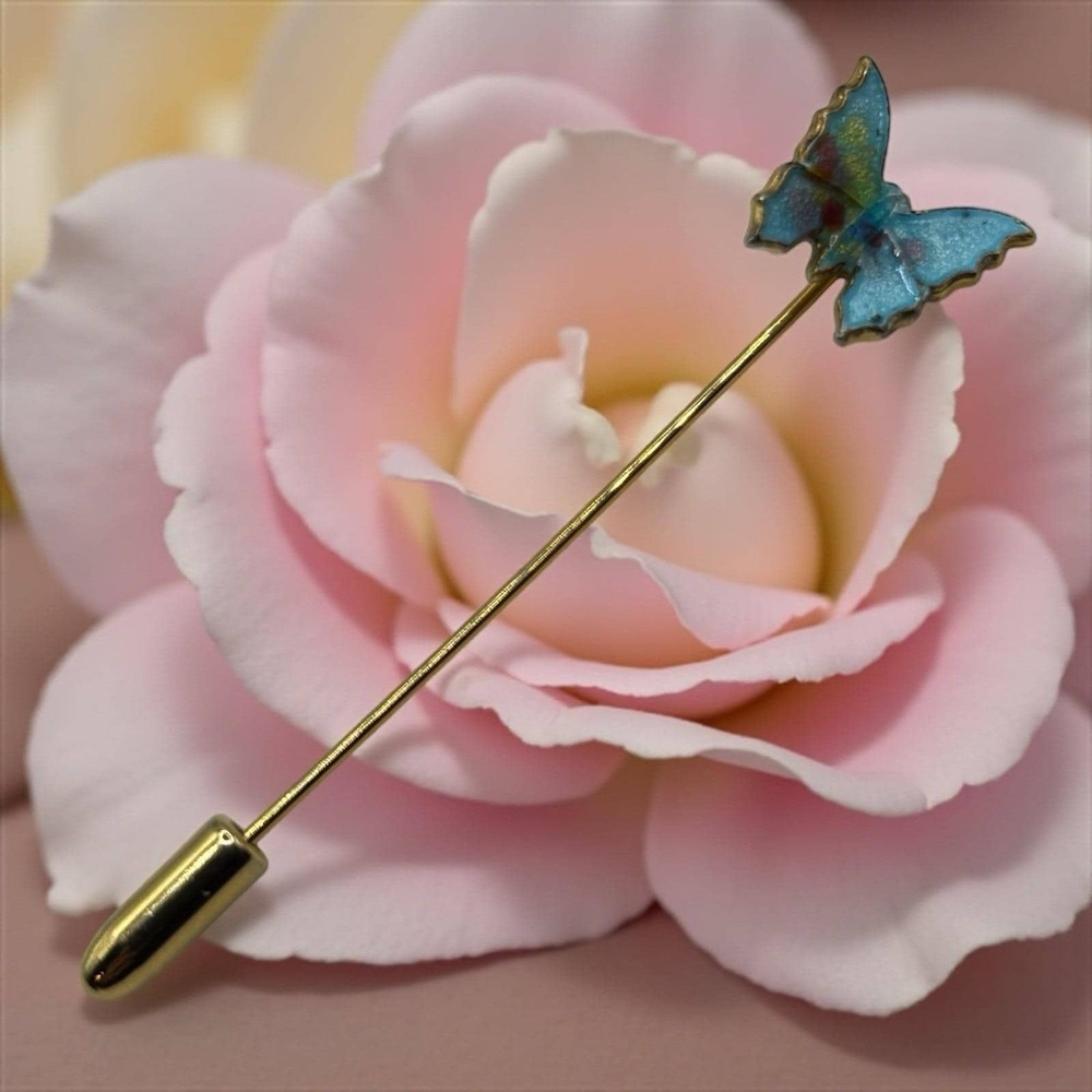 Monarch Butterfly Stick Pin Lapel Hat Brooch‎ Blue Enamel Gold Tone Vintage